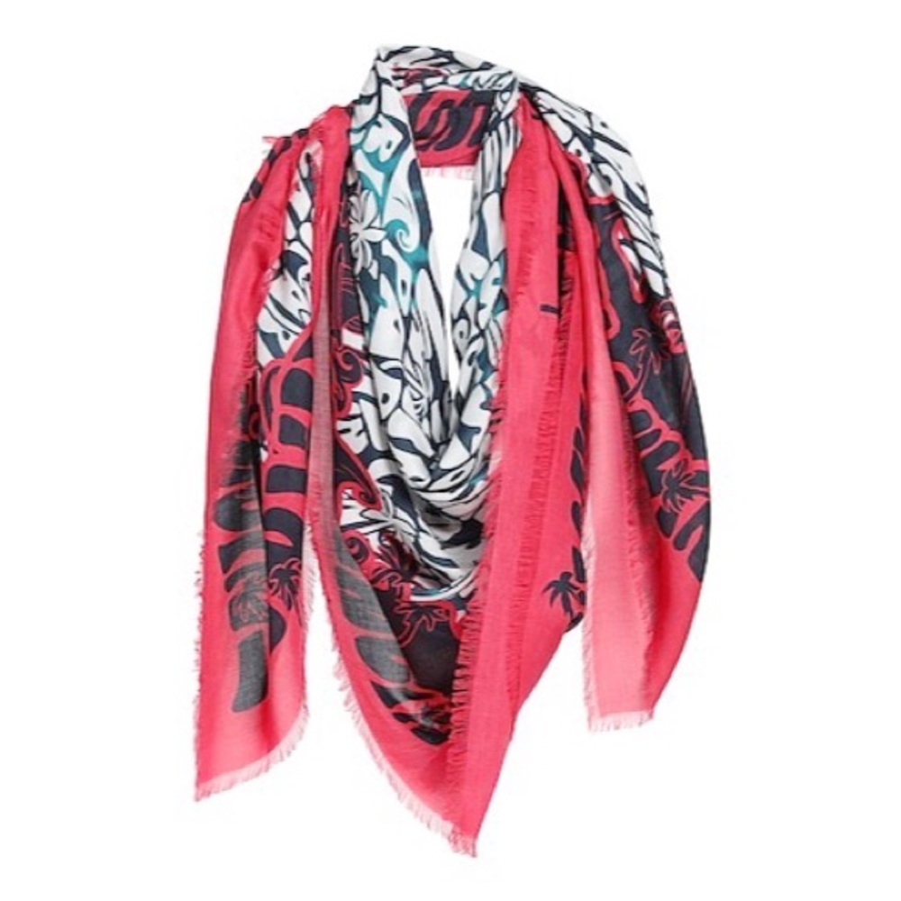 Lanvin Paris Wool Palm Logo Printed Fringe Scarf NWT Red Blue Multi